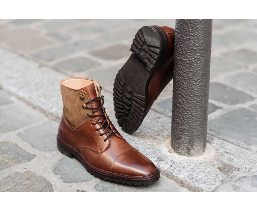 Patinated Cognac and Taupe lace-up Boots Derby shoes - IRVING II GOMME