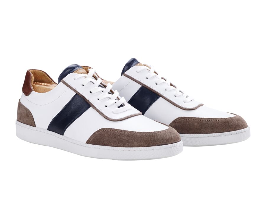 White Chocolate and Navy Men's leather Trainers - BALLAARA