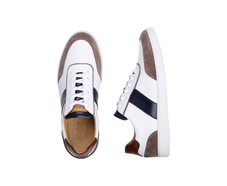 White Chocolate and Navy Men's leather Trainers - BALLAARA
