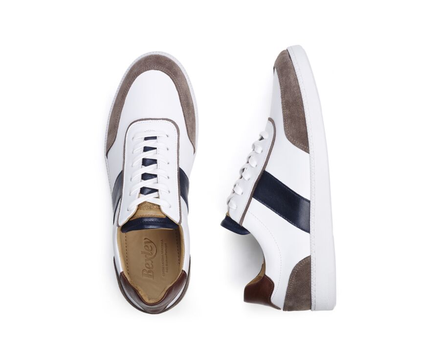 White Chocolate and Navy Men's leather Trainers - BALLAARA