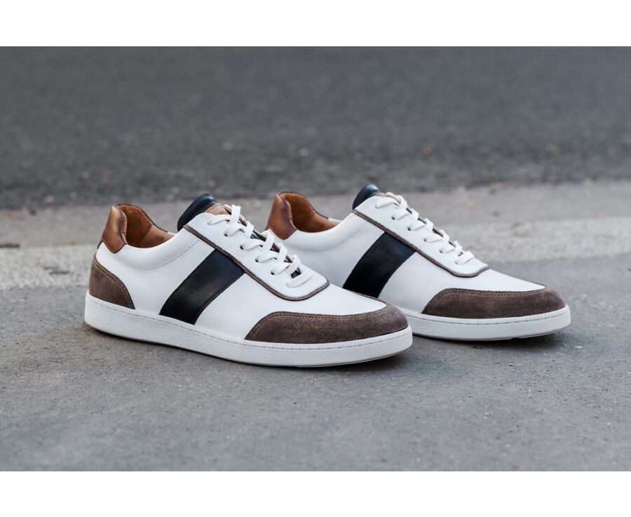 White Chocolate and Navy Men's leather Trainers - BALLAARA