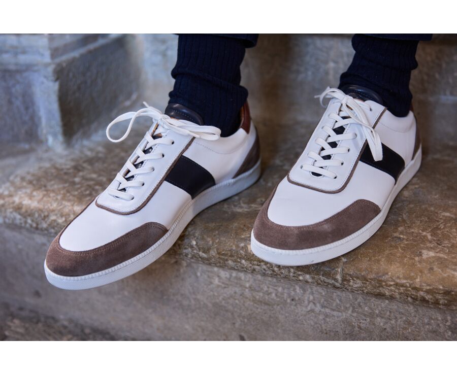 White Chocolate and Navy Men's leather Trainers - BALLAARA
