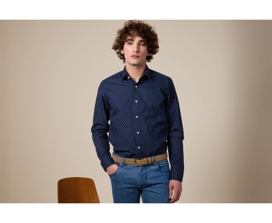 Navy Blue shirt with white prints - Straight collar - ALPHIDE