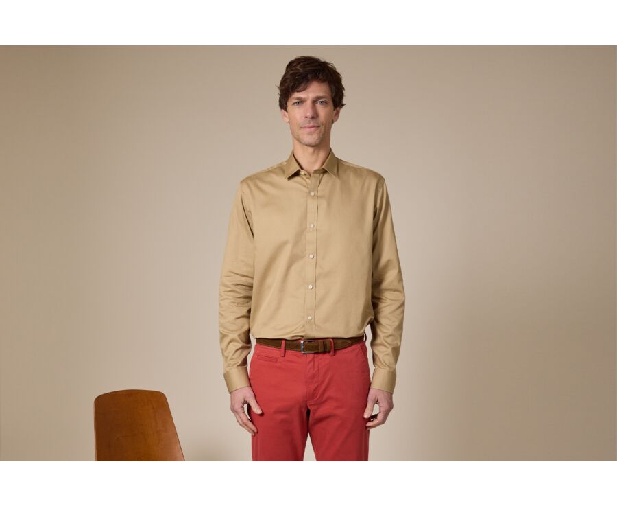 Beige Textured Cotton Shirt - French Collar - TILMOND