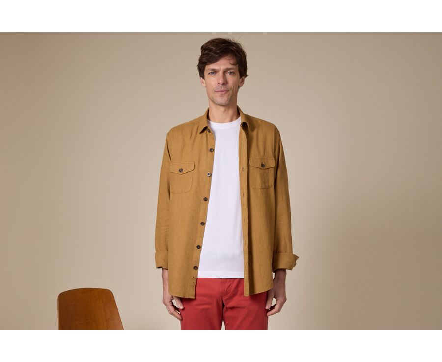 Men's overshirt in cotton/linen Dark Camel - CORANTIN