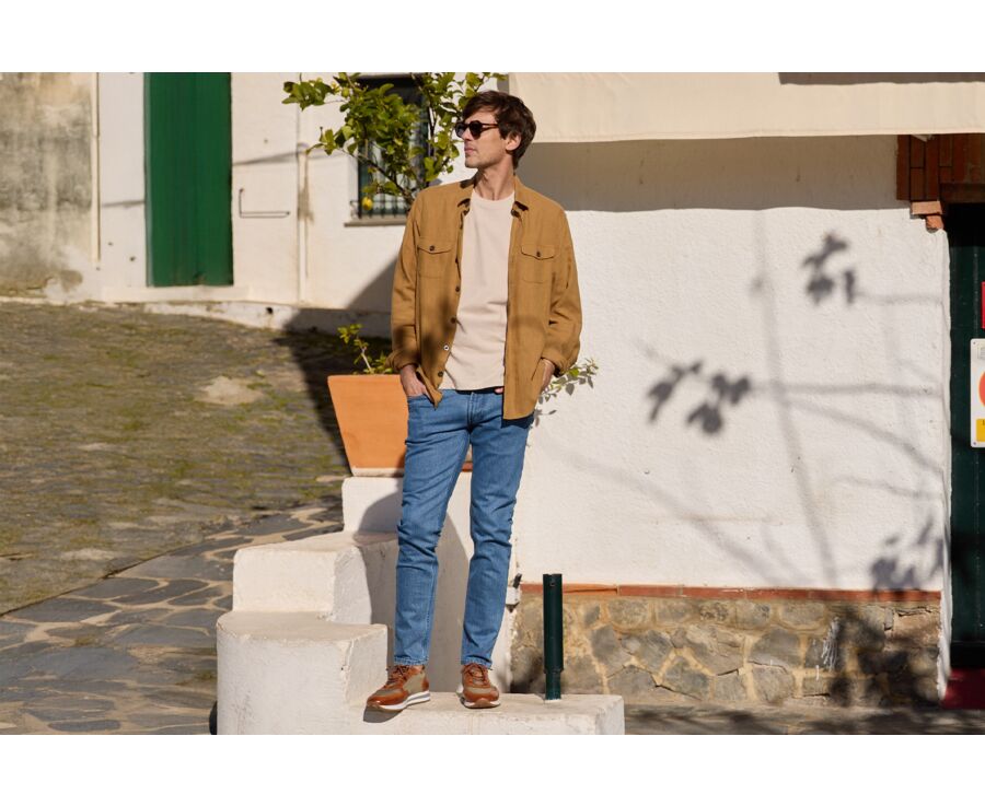 Men's overshirt in cotton/linen Dark Camel - CORANTIN
