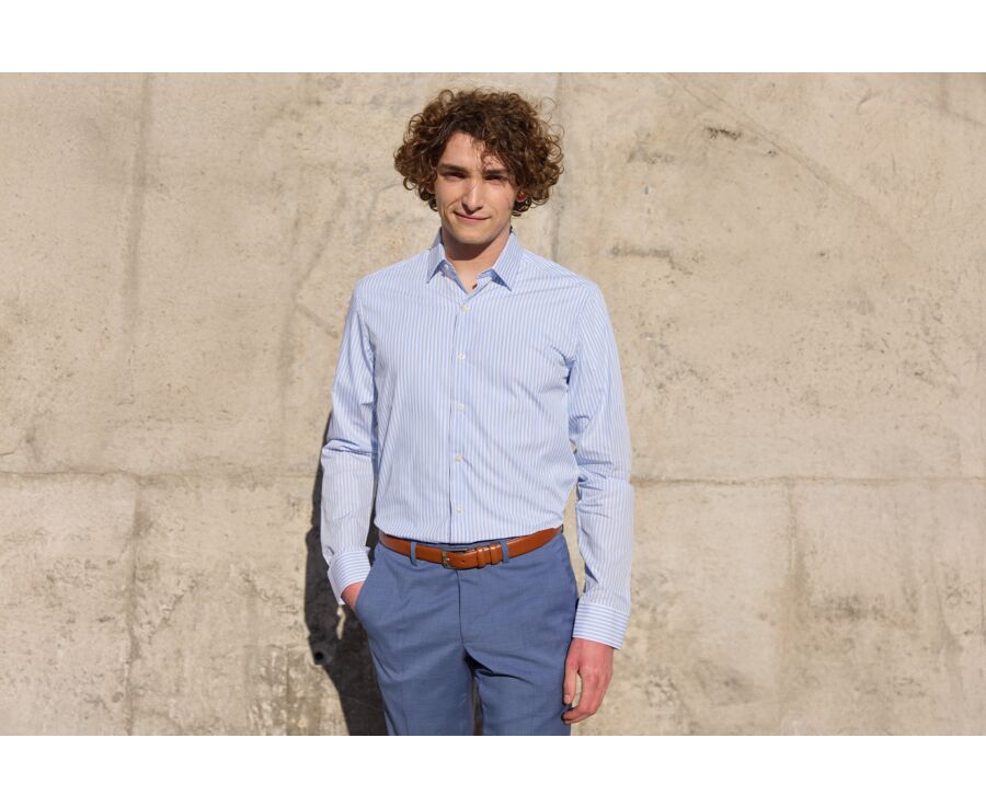 Light blue and white striped shirt - French collar - LEONDRE