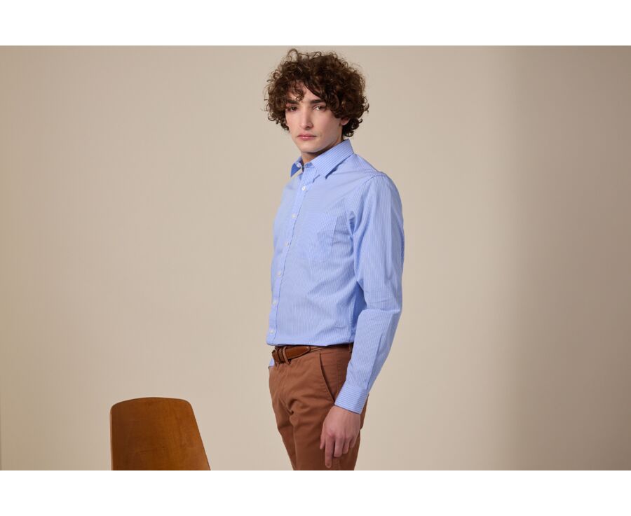 Blue printed shirt - white stripes - Straight collar - BERTHOD