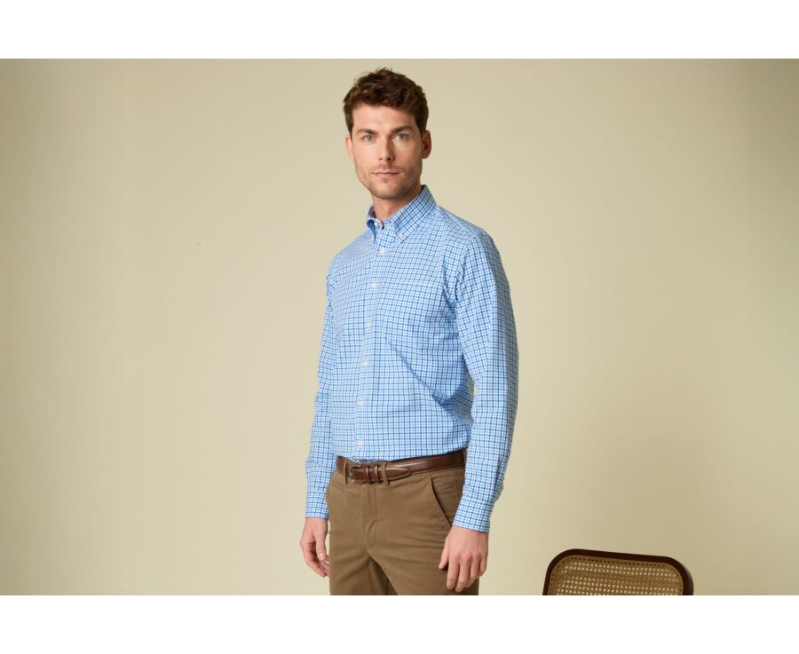 Men's shirt in cotton - Blue & Soft Blue Checks - CULLEN