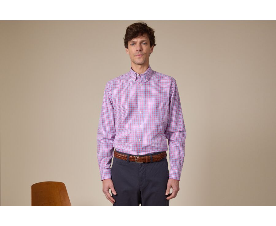 Men's shirt in cotton with white, blue, and pink checks. - CULLEN
