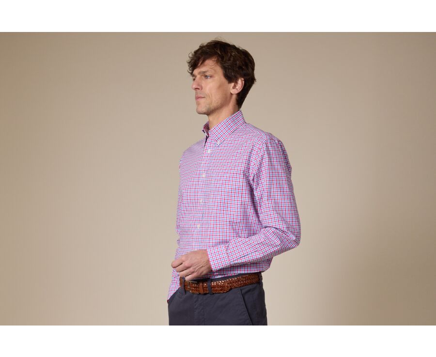 Men's shirt in cotton with white, blue, and pink checks. - CULLEN