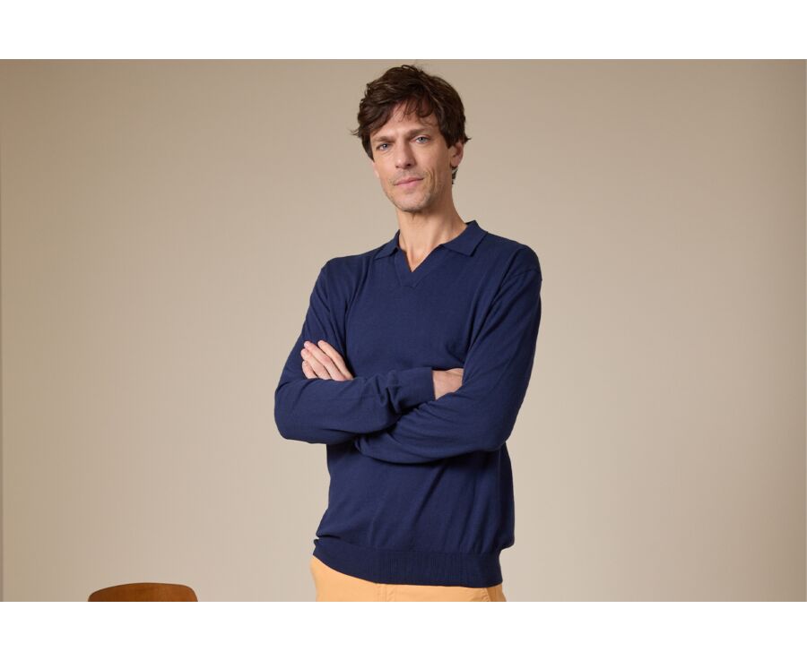 Men's Sweater with Polo Collar, Navy Denim - BRAVLIN