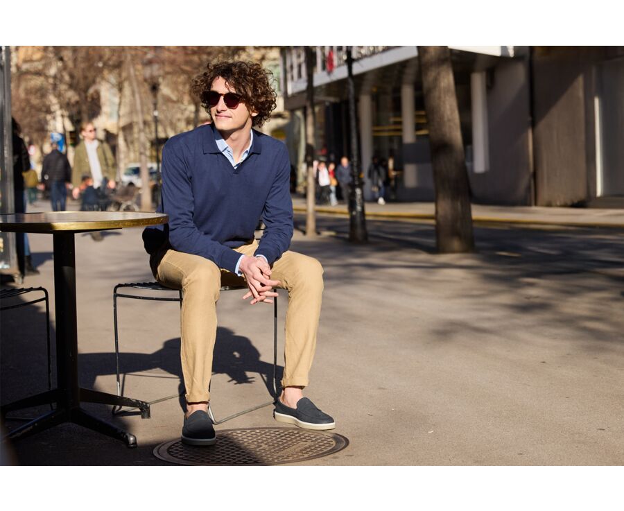 Men's Sweater with Polo Collar, Navy Denim - BRAVLIN