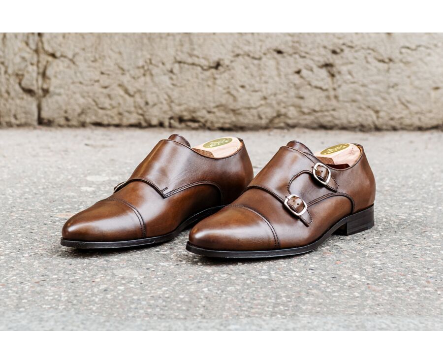 Men’s Double Monk Strap Shoes Caramel Patina - CHEWTON