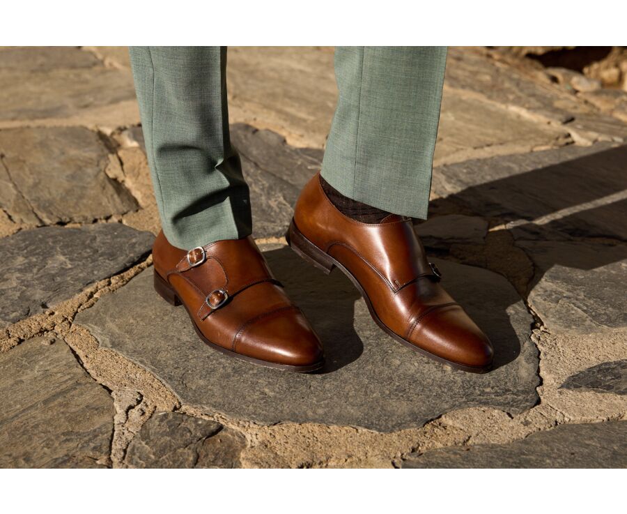 Men’s Double Monk Strap Shoes Caramel Patina - CHEWTON