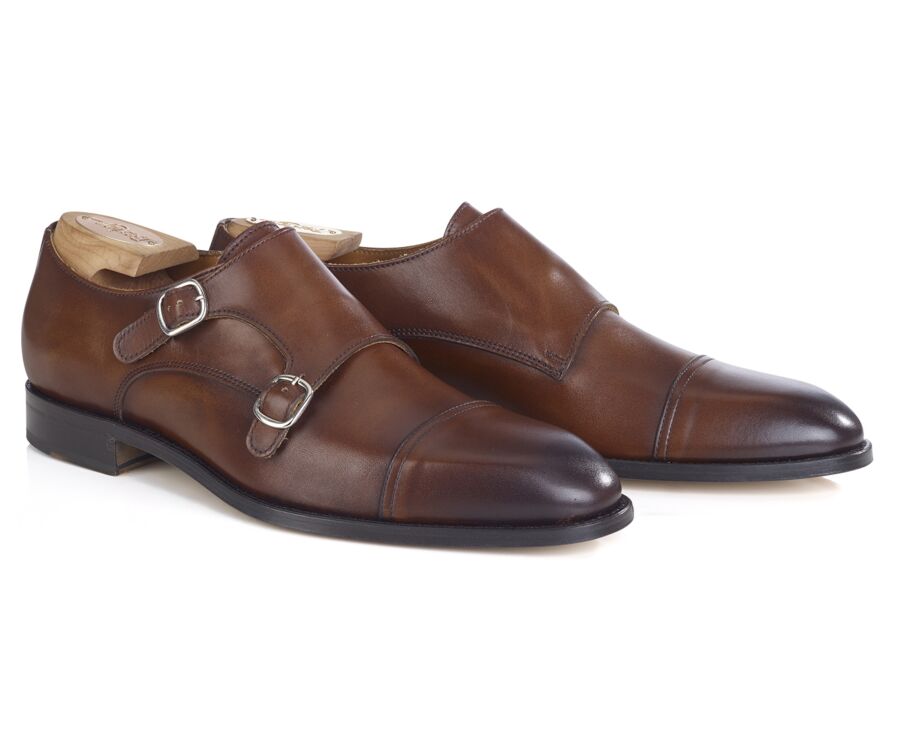 Men’s Double Monk Strap Shoes Cognac Patina - LANGFORD
