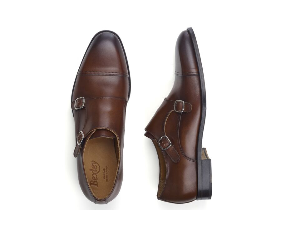 Men’s Double Monk Strap Shoes Cognac Patina - LANGFORD