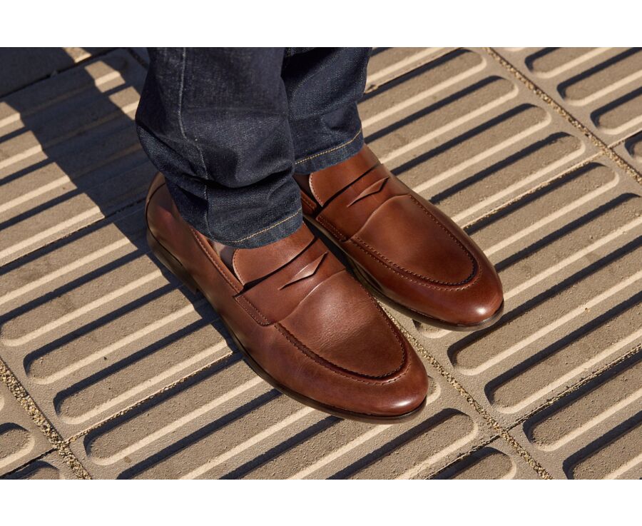 Patina Chocolate Men's penny loafers - Rubber Outsole - DERVIO II GOMME