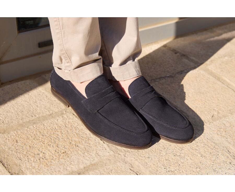 Navy Suede Men's penny loafers - Rubber Outsole - DERVIO II GOMME