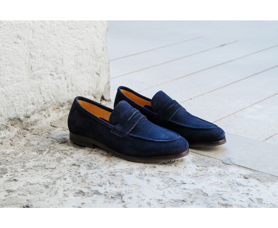 Navy Suede Men's penny loafers - Rubber Outsole - DERVIO II GOMME