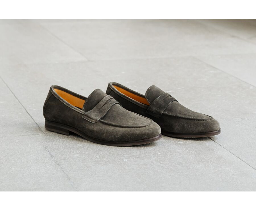 Khaki Suede Men's penny loafers - Rubber Outsole - DERVIO II GOMME