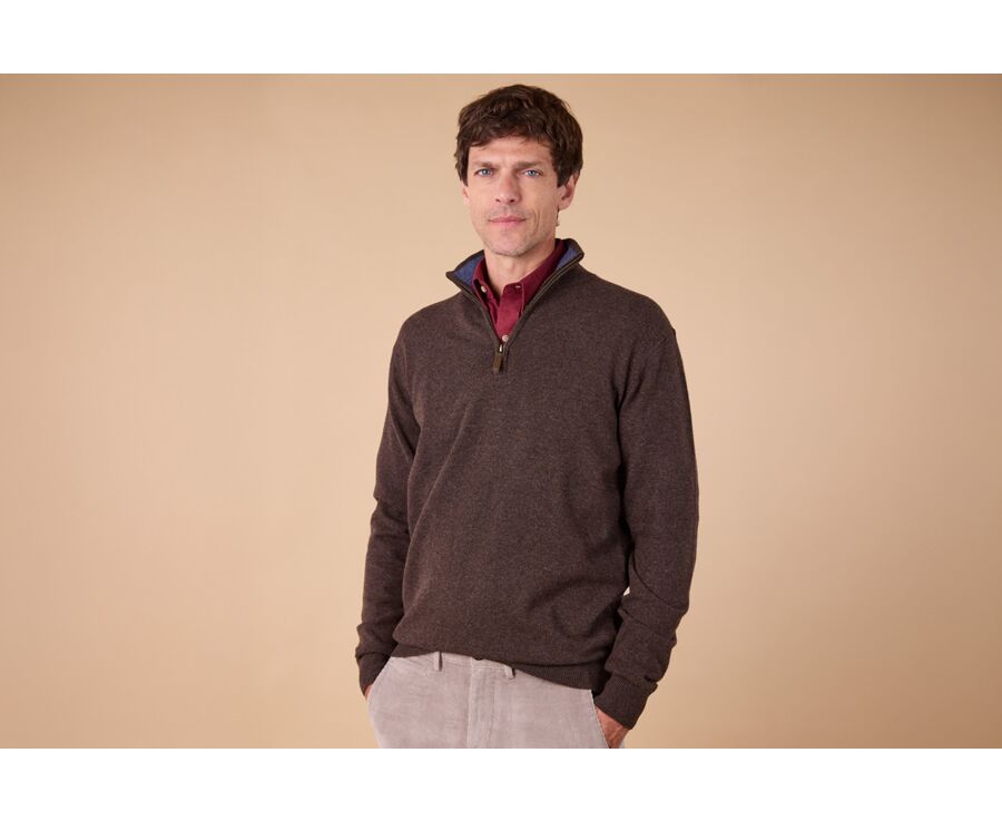 Dark Chocolate and Dark Heather Blue  half-zip wool jumper - KEYDEN II