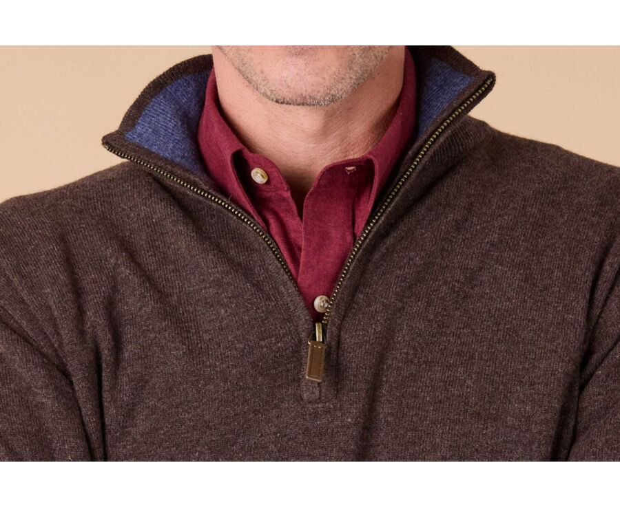 Dark Chocolate and Dark Heather Blue  half-zip wool jumper - KEYDEN II