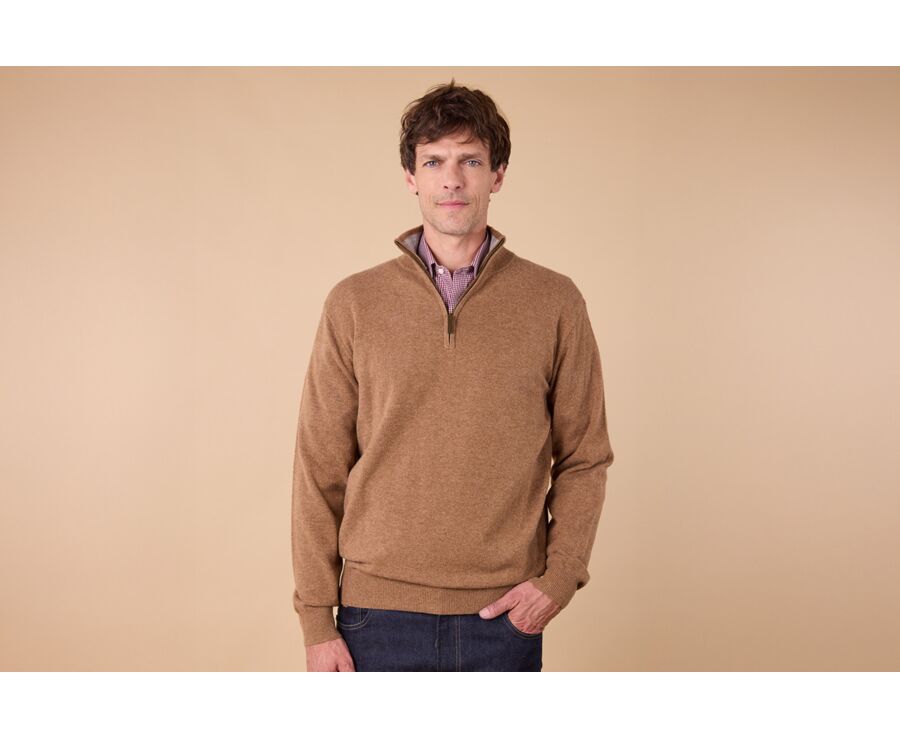 Hazelnut and Heather Grey half-zip wool jumper - KEYDEN II