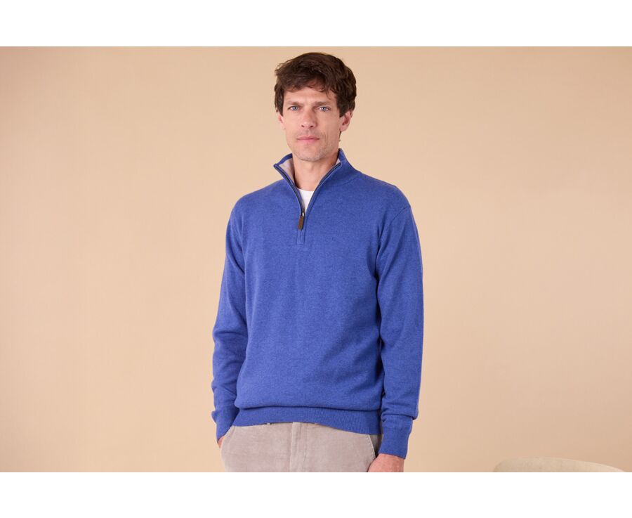 Heather Denim Blue and Light Beige  half-zip wool jumper - KEYDEN II