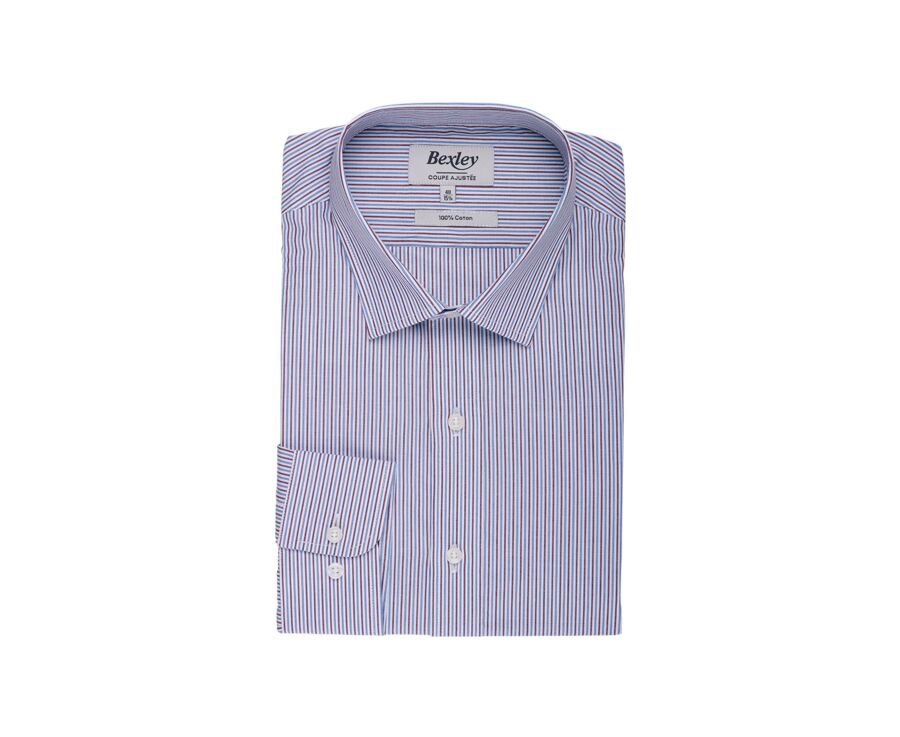 Men's poplin shirt – Blue and burgundy stripes - FLORIEN