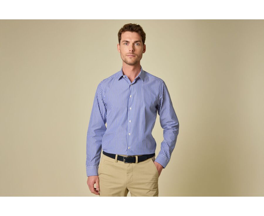 Men’s fine striped shirt in ocean blue and white - DONATIEN CLASSIC