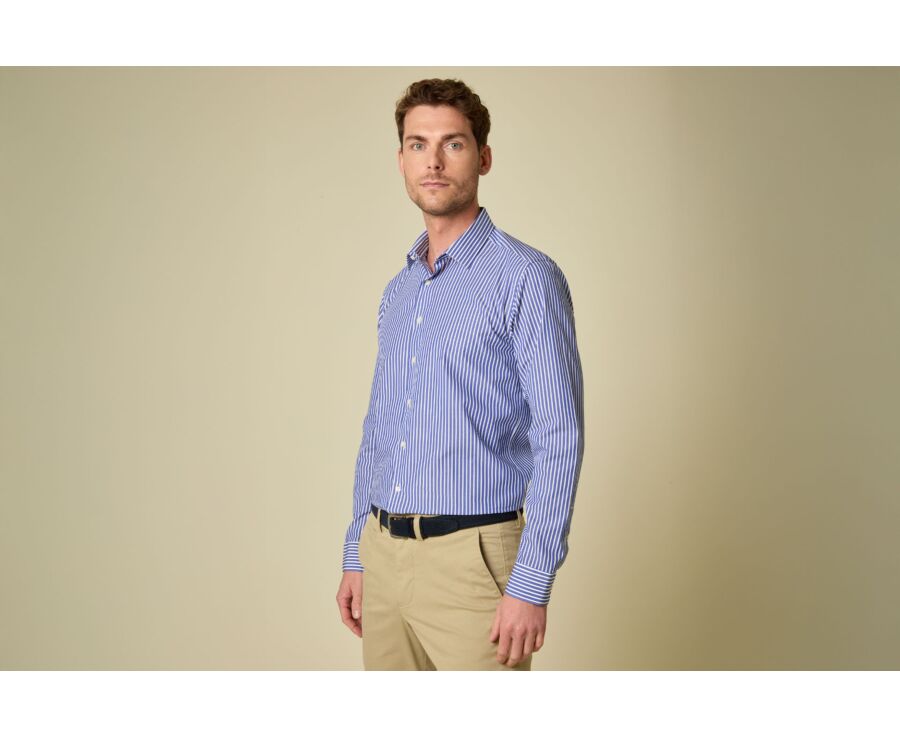 Men’s fine striped shirt in ocean blue and white - DONATIEN CLASSIC