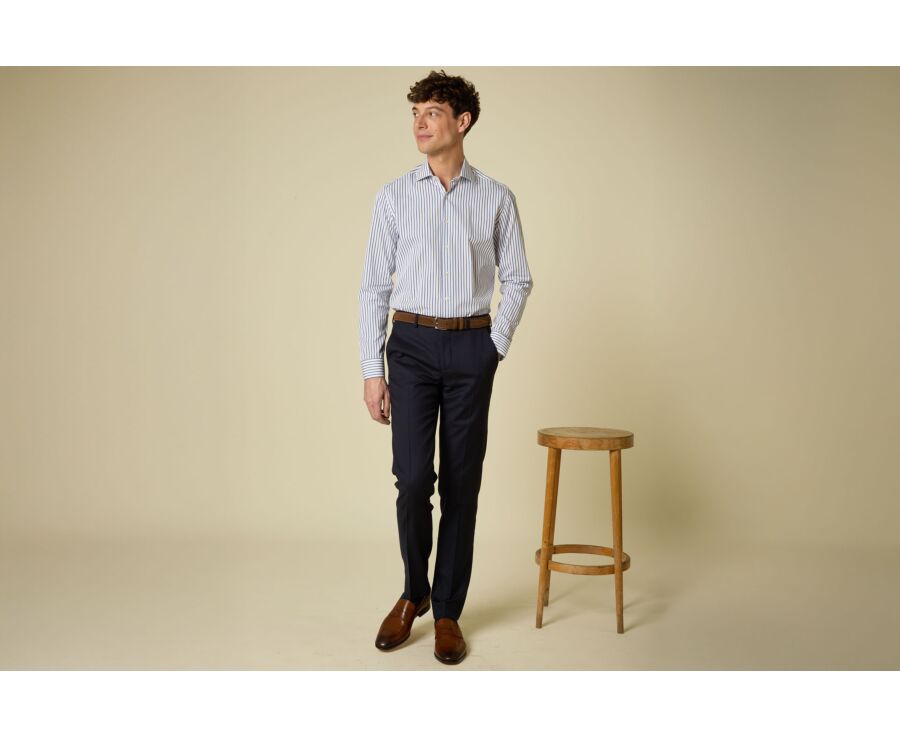 Striped White & Blue shirt - Italian collar - DAVIDE CLASSIC