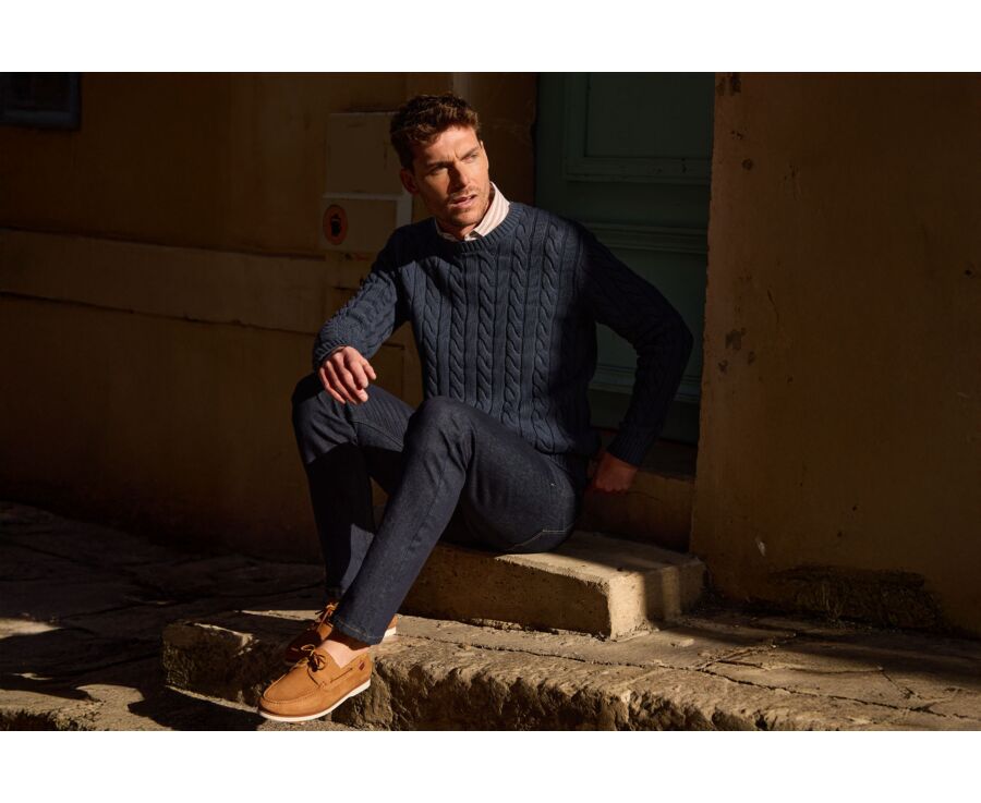 Cable-knit crew neck jumper - Prussian Blue - CAVLEN