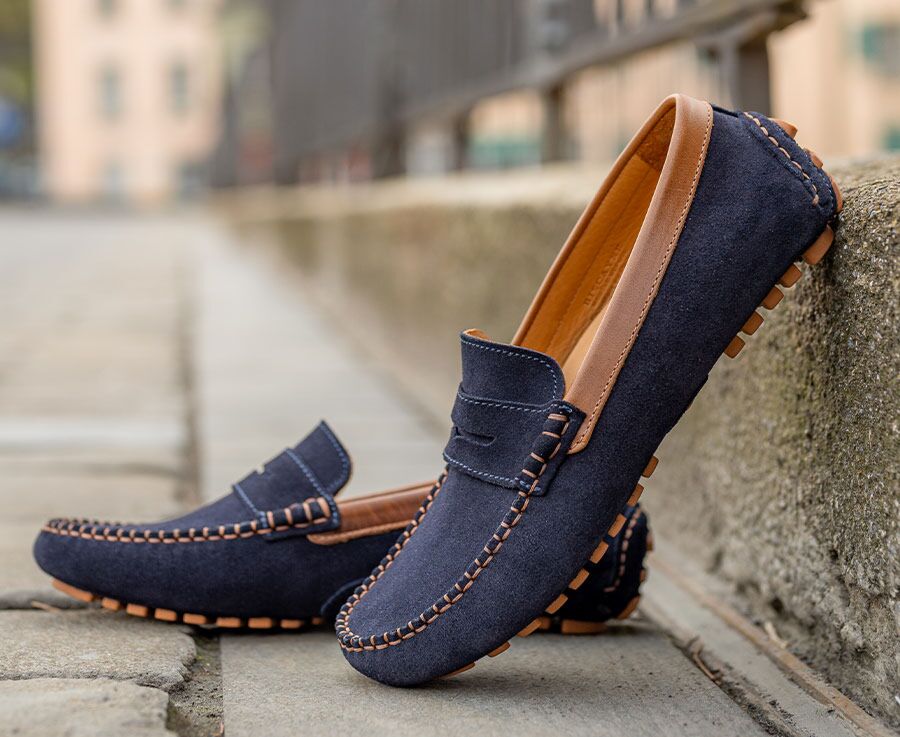 Navy suede and Chestnut Men s Driving Moccasins Biscayne Bexley