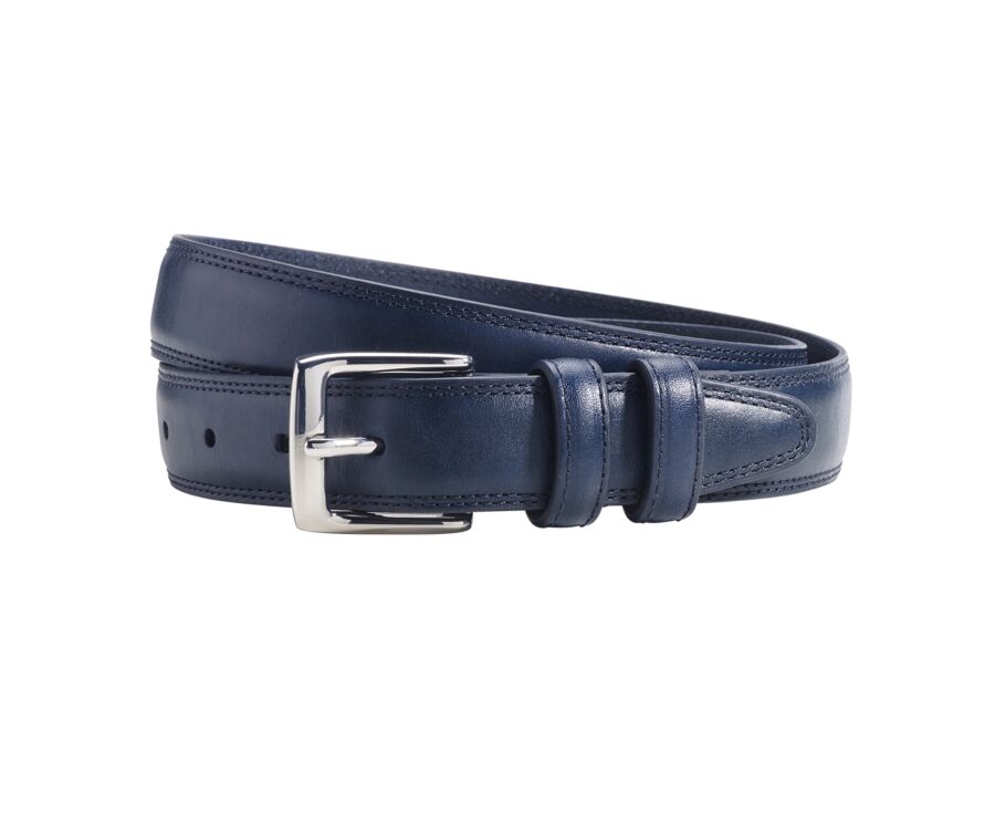 Men's patinated blue leather belt with silver buckle - BRIXTON SILVER