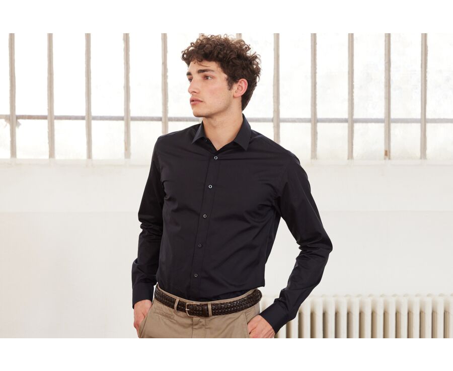 Black Poplin Cotton Shirt - Straight collar - LOUIS