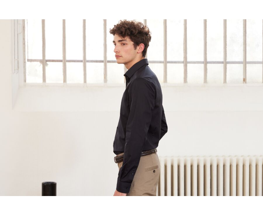 Black Poplin Cotton Shirt - Straight collar - LOUIS