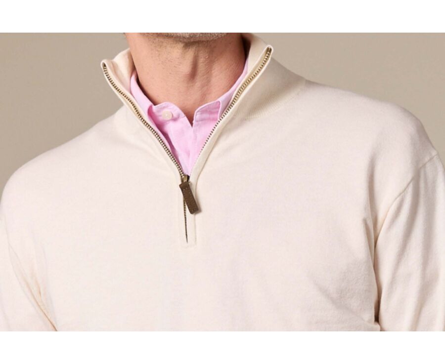 Slim Men's Organic Cotton/Cashmere Sweater with Zipped Collar, Heathered Ecru - VLAD