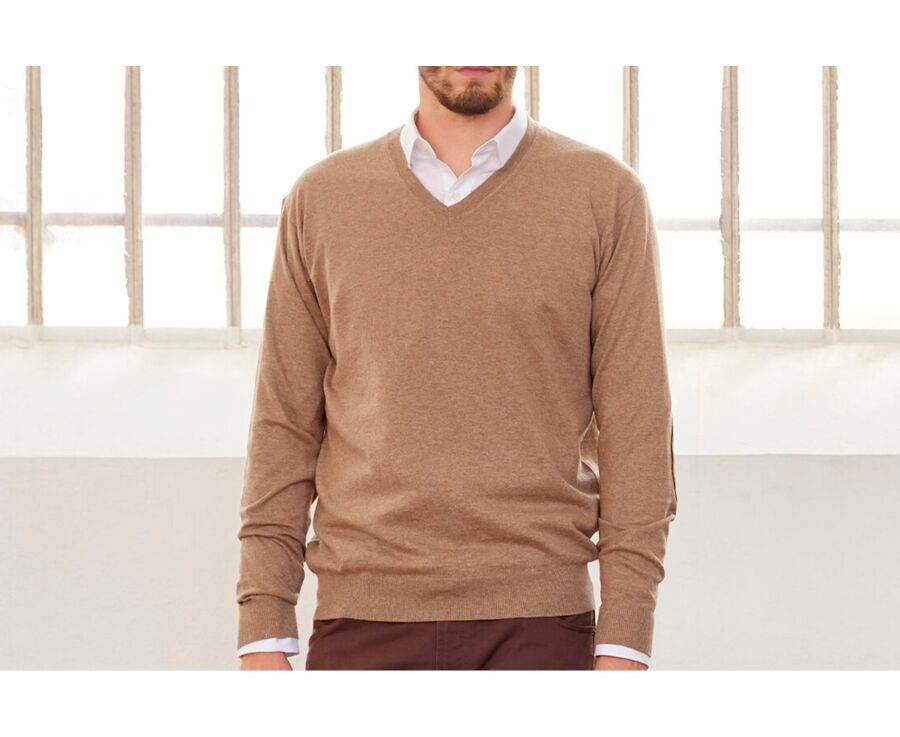 Taupe Melange organic cotton/cashmere thin v-neck jumper - VADIM