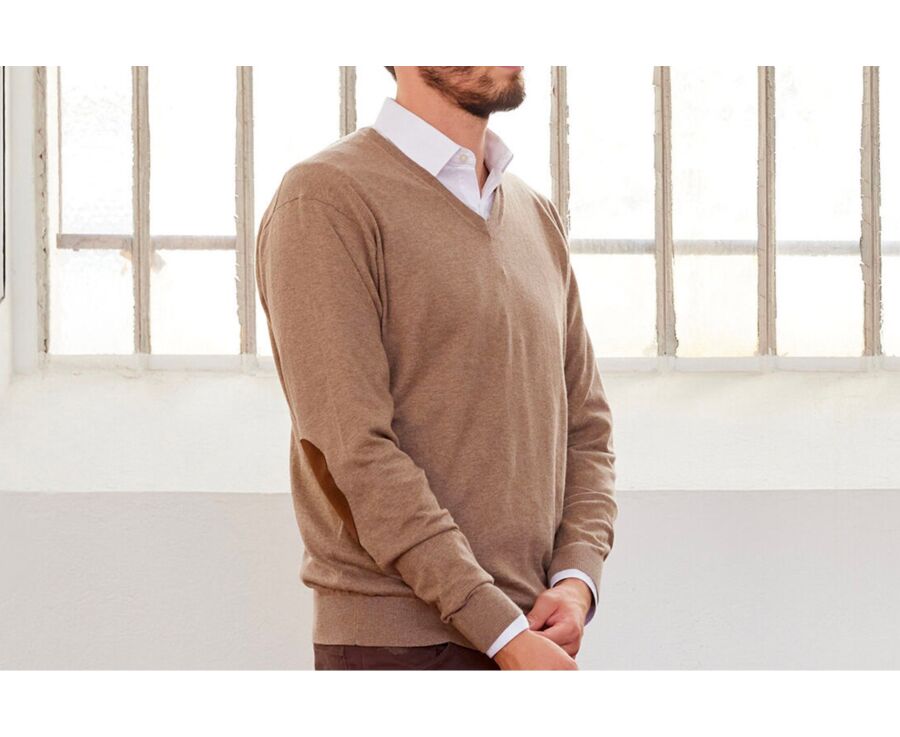 Taupe Melange organic cotton/cashmere thin v-neck jumper - VADIM