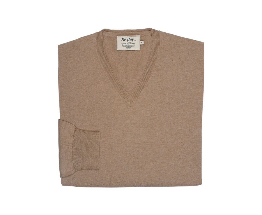 Taupe Melange organic cotton/cashmere thin v-neck jumper - VADIM