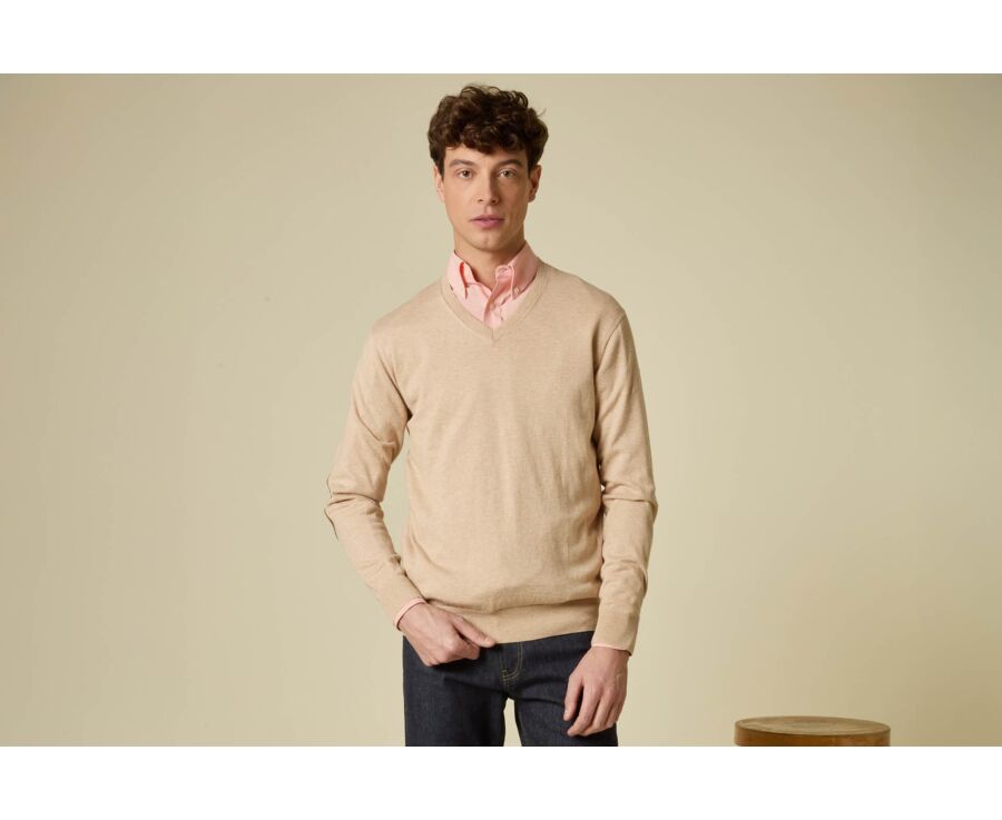 Beige Melange cotton/cashmere thin v-neck jumper - VADIM