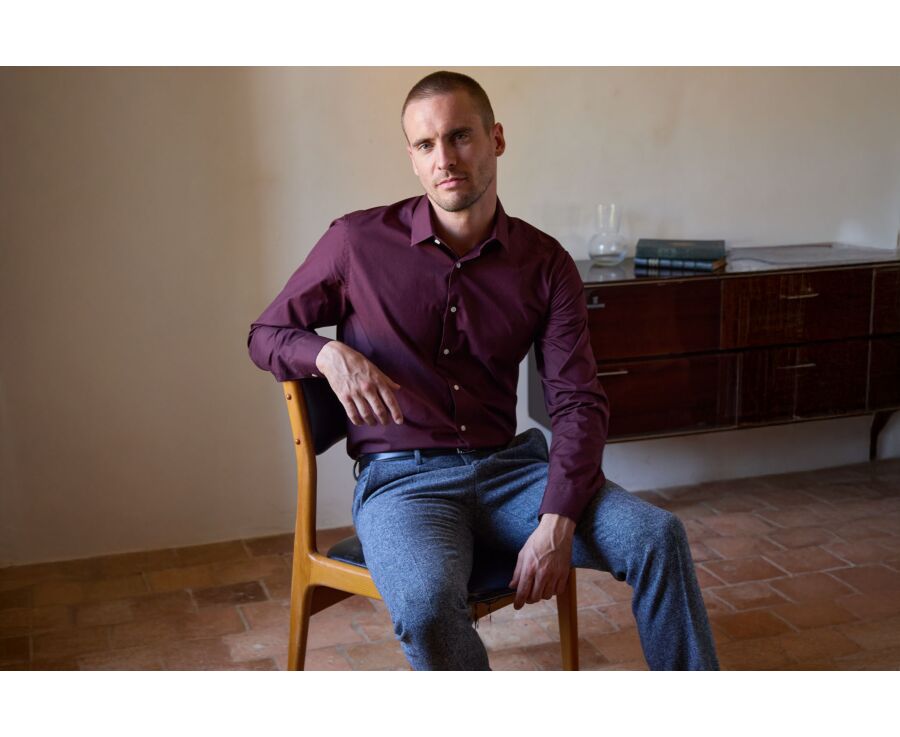 Men's burgundy poplin shirt - LOUIS CLASSIC