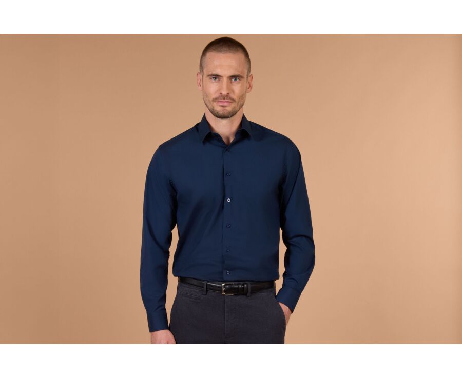 Men's plain navy poplin shirt - ALBERT CLASSIC