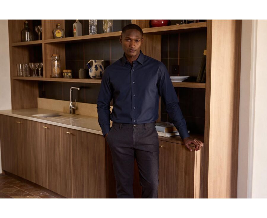 Men's plain navy poplin shirt - ALBERT CLASSIC