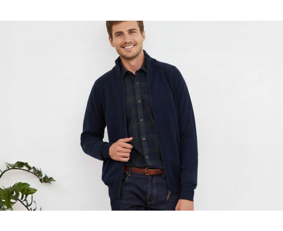 Navy Blue lambswool full zip sweater - KANE