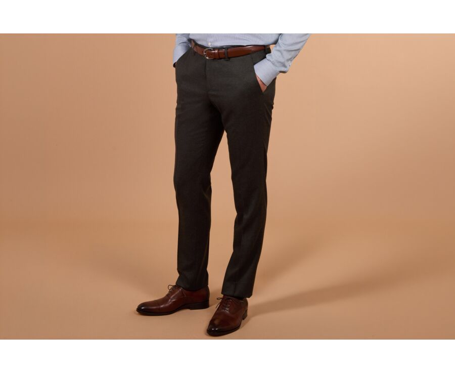 Men's dark green mélange Super 120's wool suit trousers - LAZARE