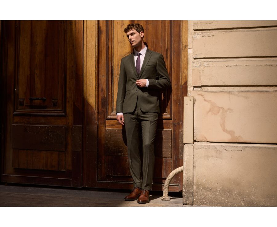 Men's dark green mélange Super 120's wool suit trousers - LAZARE
