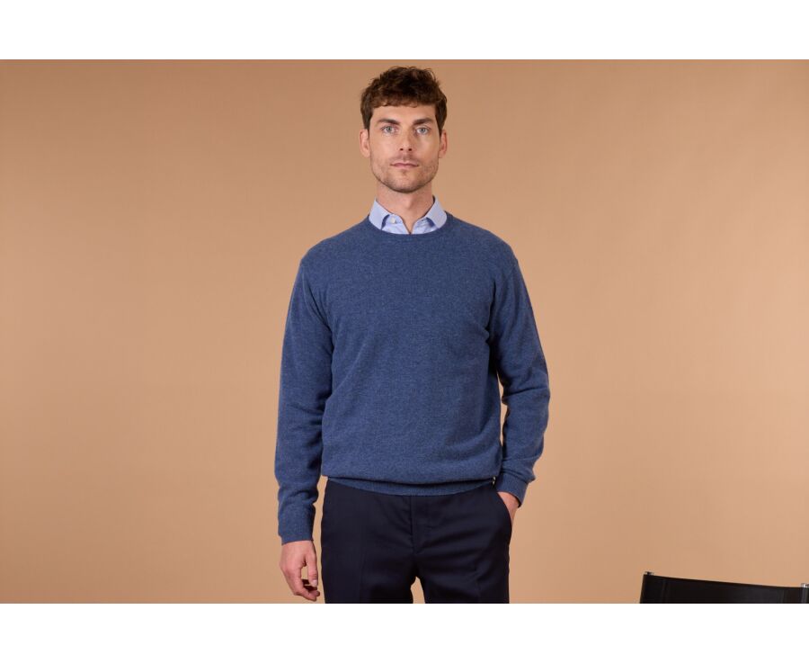 Men's dark blue mélange crew neck lambswool jumper - CONAN